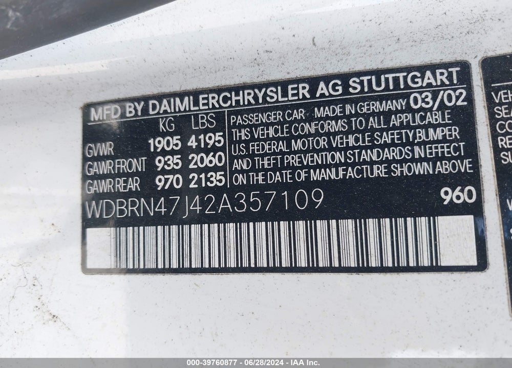 2002 MERCEDES-BENZ C 230 VIN: WDBRN47J42A357109