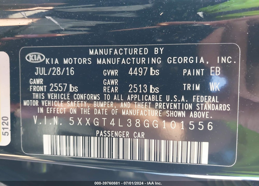 2016 KIA OPTIMA LX VIN: 5XXGT4L38GG101556