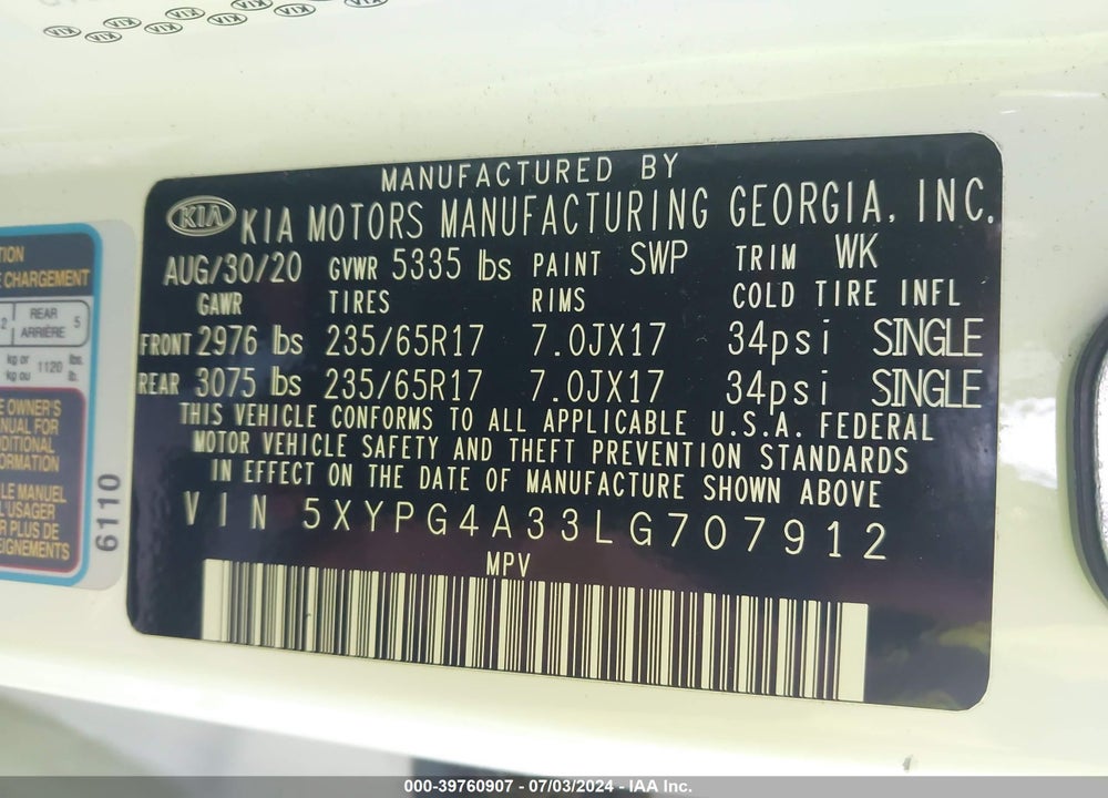 2020 KIA SORENTO 2.4L LX VIN: 5XYPG4A33LG707912