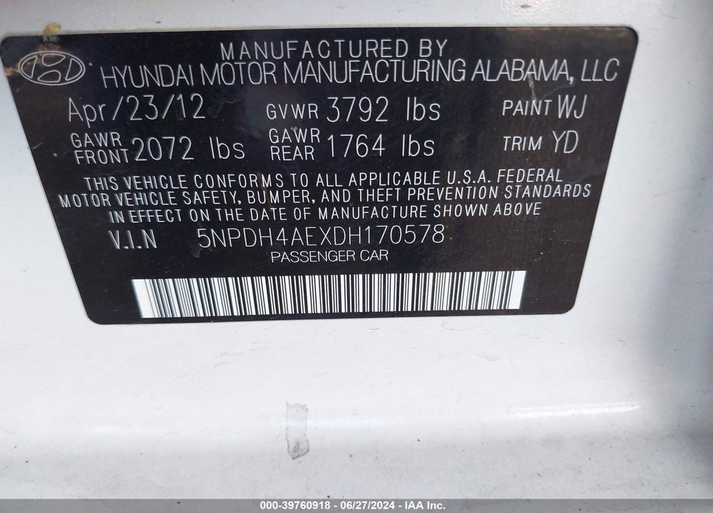 2013 HYUNDAI ELANTRA GLS VIN: 5NPDH4AEXDH170578