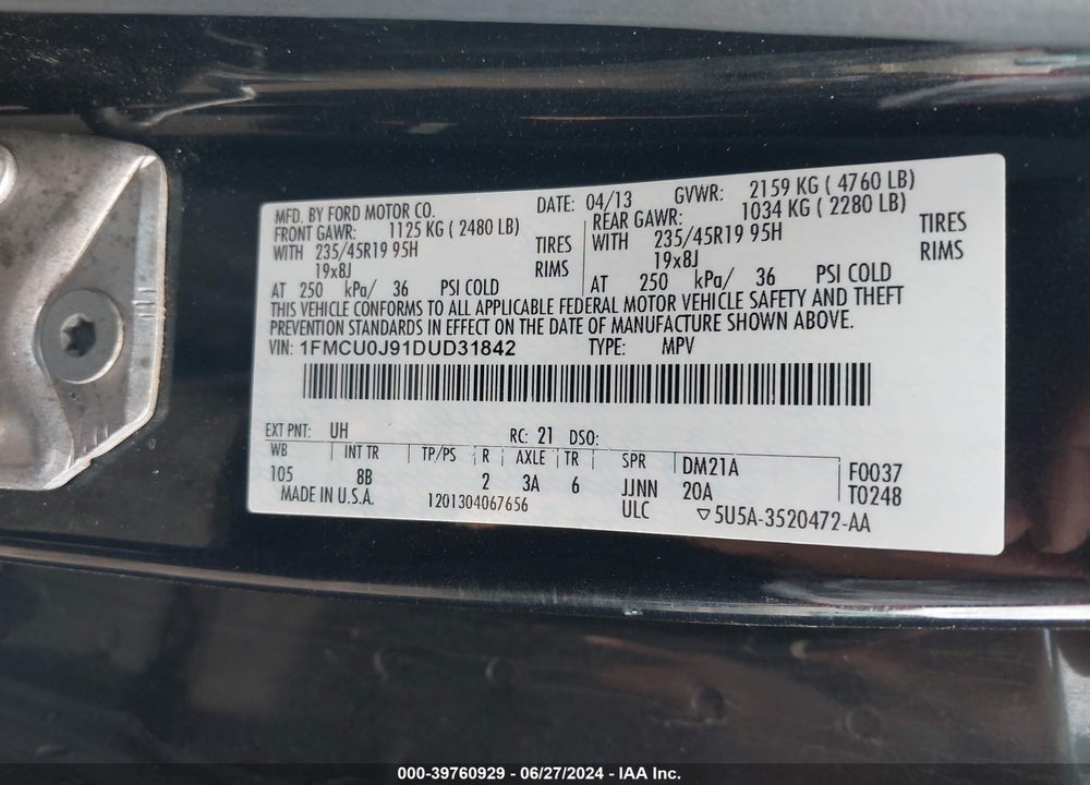 2013 FORD ESCAPE TITANIUM VIN: 1FMCU0J91DUD31842