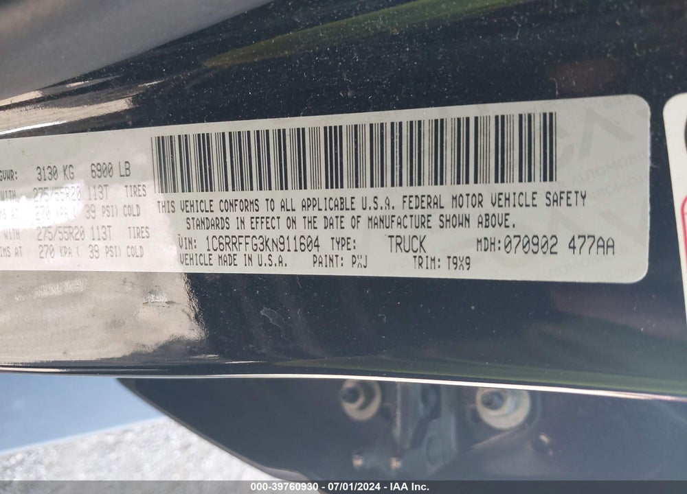 2019 RAM 1500 BIG HORN/LONE STAR 4X4 5'7 BOX VIN: 1C6RRFFG3KN911604