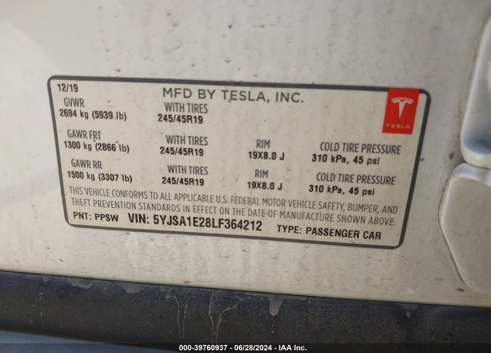 2020 TESLA MODEL S VIN: 5YJSA1E28LF364212