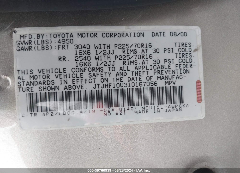 2001 LEXUS RX 300 VIN: JTJHF10U310167056