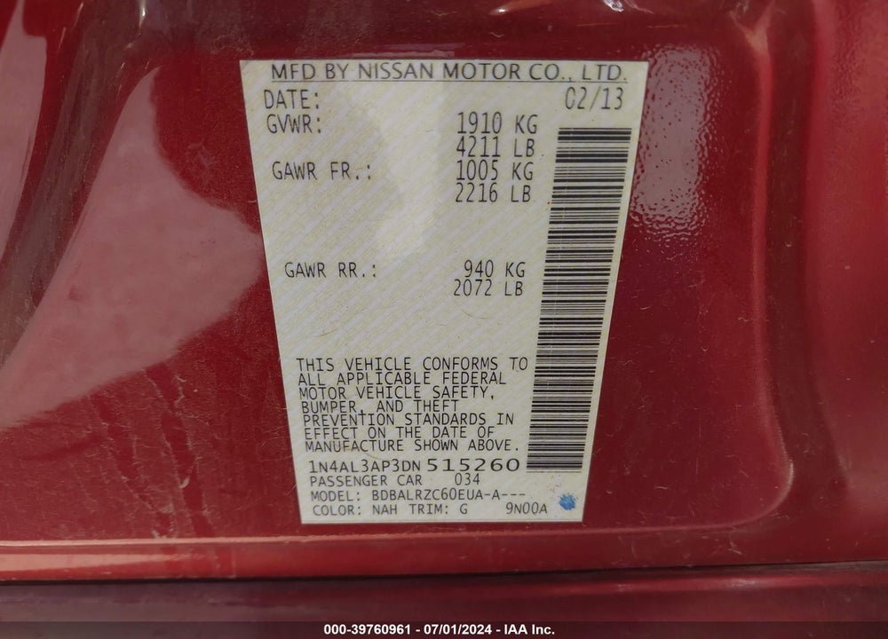 2013 NISSAN ALTIMA 2.5 S VIN: 1N4AL3AP3DN515260