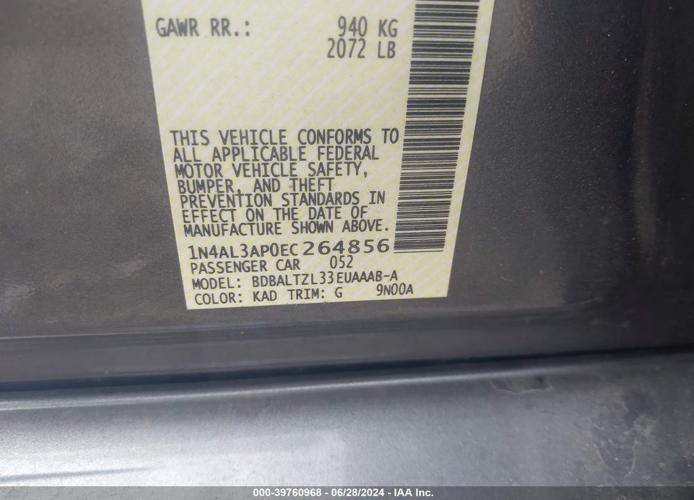 2014 NISSAN ALTIMA 2.5/2.5 S/2.5 SL/2.5 SV VIN: 1N4AL3AP0EC264856