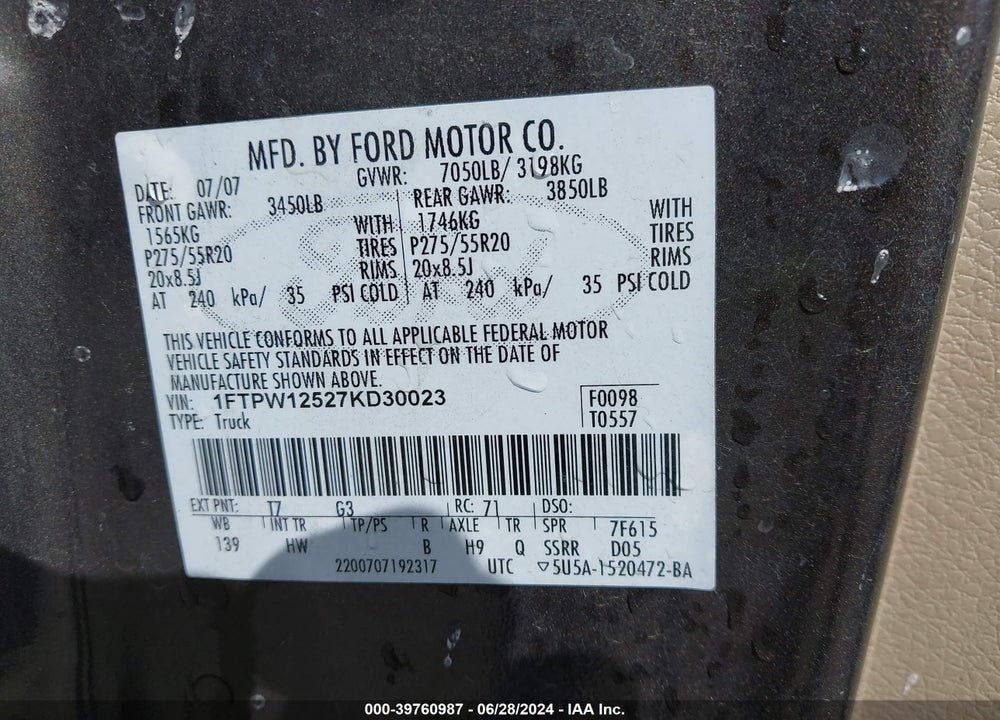 2007 FORD F-150 LARIAT/XLT VIN: 1FTPW12527KD30023