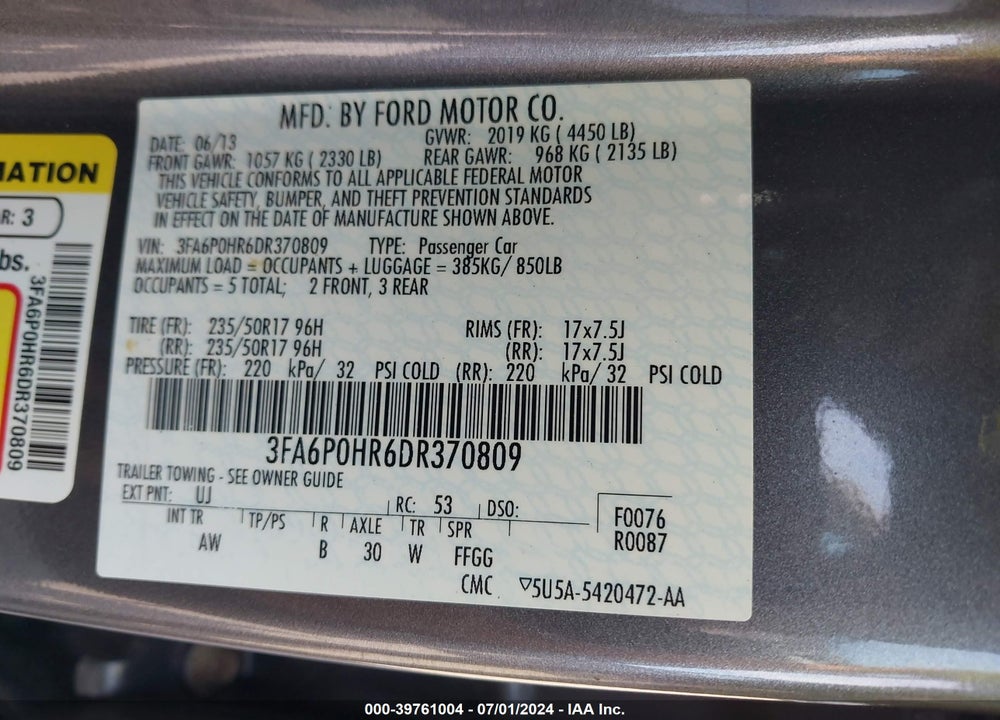 2013 FORD FUSION SE VIN: 3FA6P0HR6DR370809