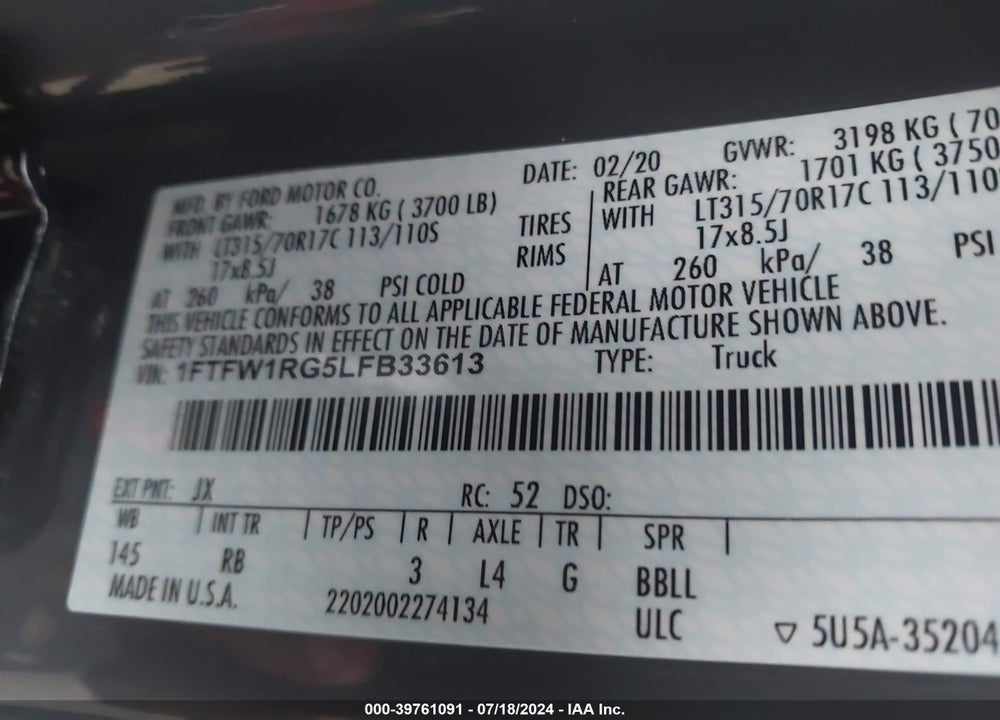 2020 FORD F-150 RAPTOR VIN: 1FTFW1RG5LFB33613