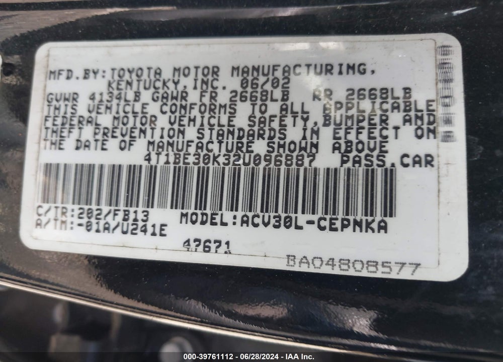 2002 TOYOTA CAMRY LE VIN: 4T1BE30K32U096887