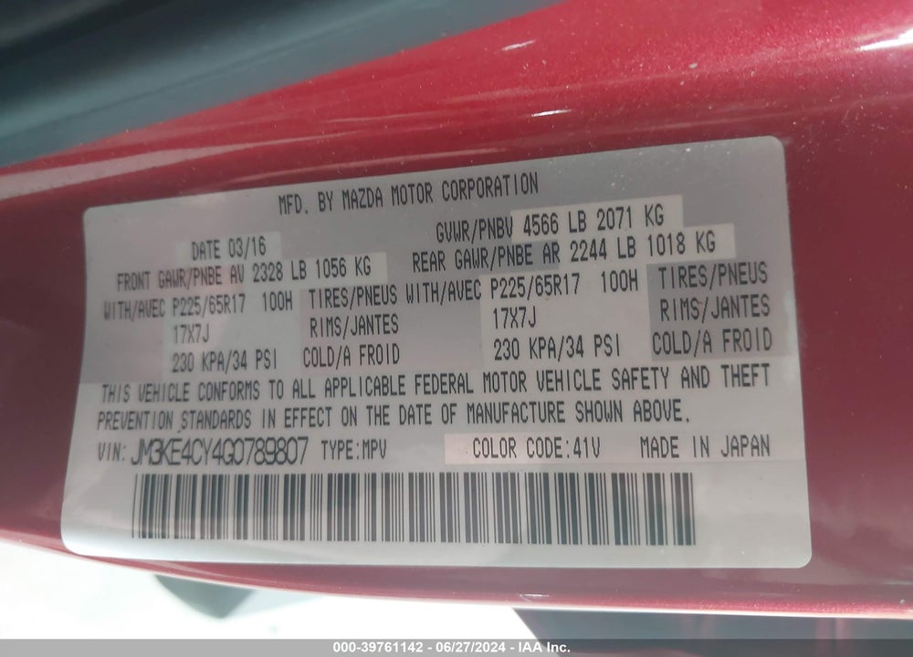 2016 MAZDA CX-5 TOURING VIN: JM3KE4CY4G0789807