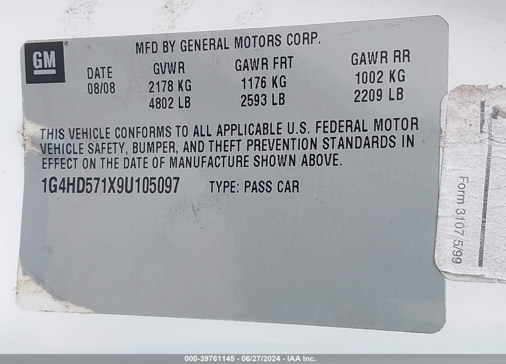 2009 BUICK LUCERNE CXL VIN: 1G4HD571X9U105097