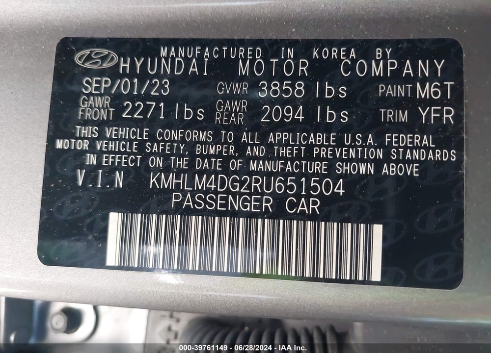 2024 HYUNDAI ELANTRA SEL VIN: KMHLM4DG2RU651504