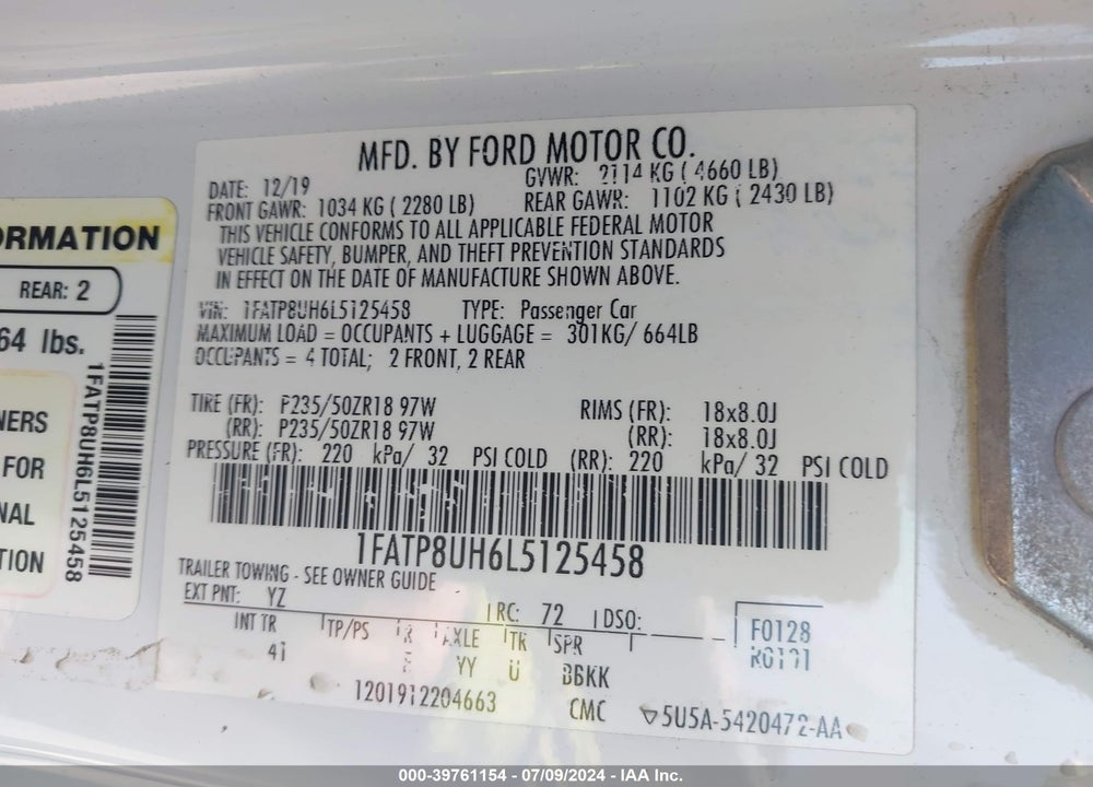 2020 FORD MUSTANG ECOBOOST PREMIUM VIN: 1FATP8UH6L5125458