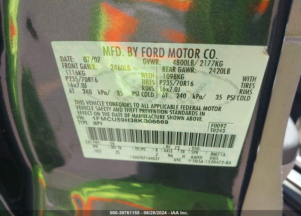 2008 FORD ESCAPE HYBRID VIN: 1FMCU59H38KB06669
