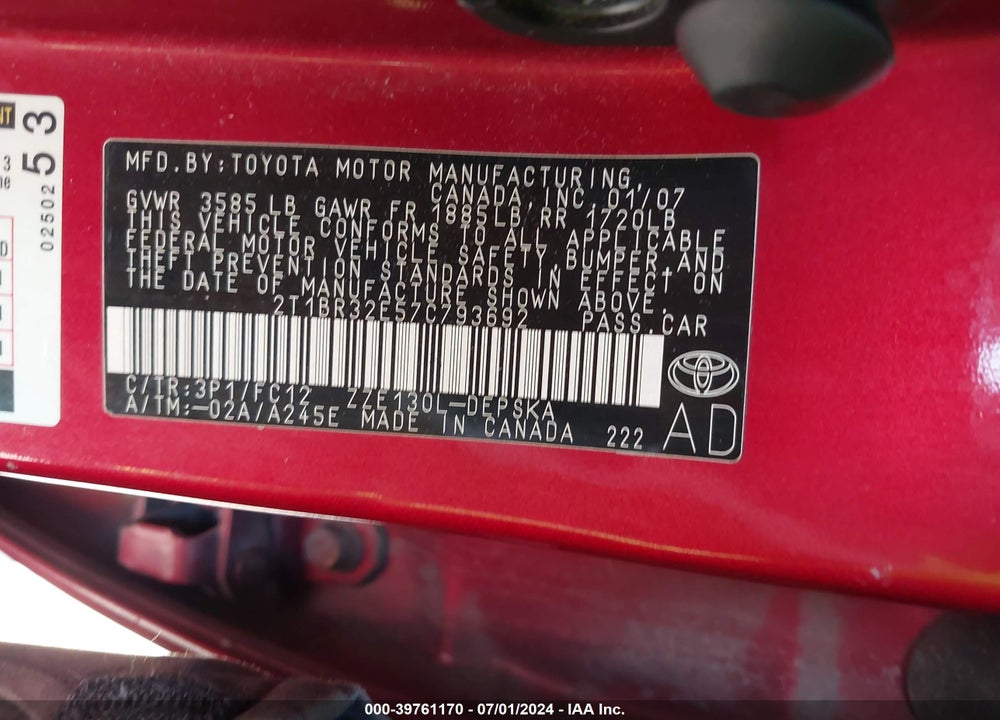 2007 TOYOTA COROLLA S VIN: 2T1BR32E57C793692