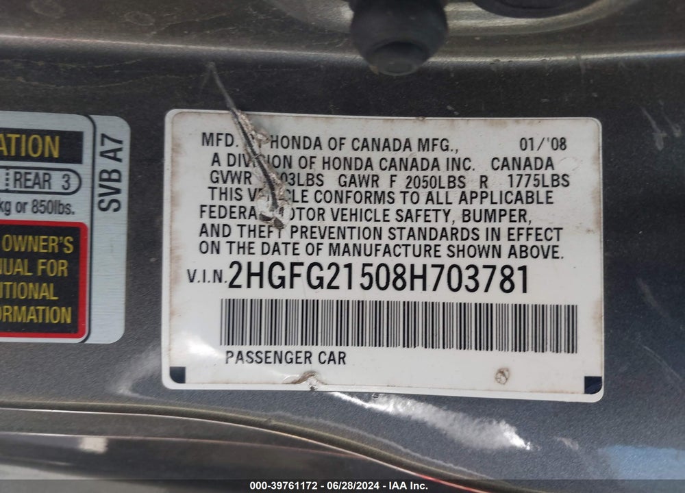 2008 HONDA CIVIC SI VIN: 2HGFG21508H703781