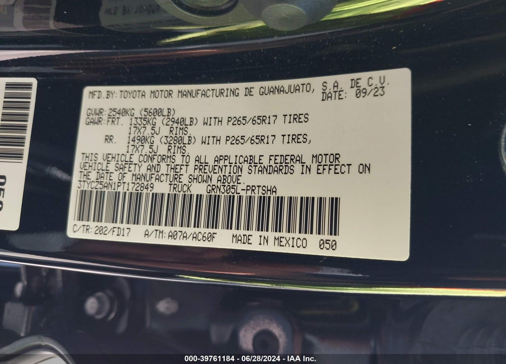 2023 TOYOTA TACOMA SR V6/SR5 V6/TRAIL EDITION/TRD OFF ROAD/TRD PRO/TRD SPORT VIN: 3TYCZ5AN1PT172849