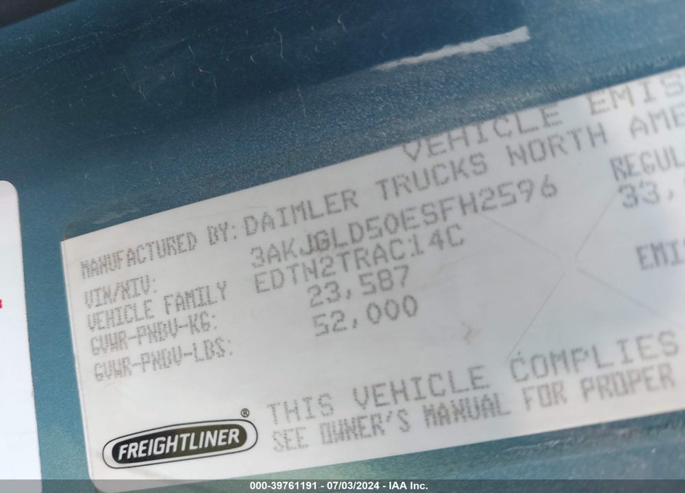 2014 FREIGHTLINER CASCADIA 125 VIN: 3AKJGLD50ESFH2596