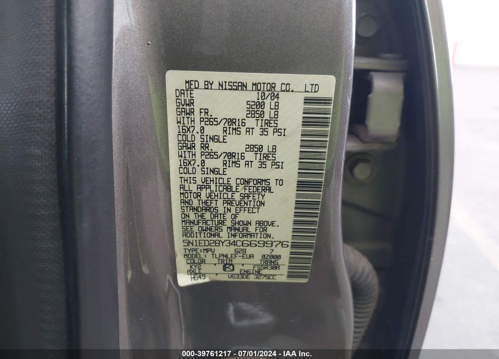 2004 NISSAN XTERRA XE VIN: 5N1ED28Y34C669976