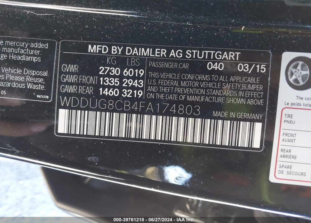 2015 MERCEDES-BENZ S 550 VIN: WDDUG8CB4FA174803