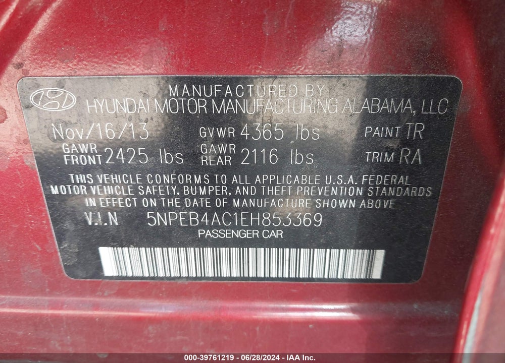 2014 HYUNDAI SONATA GLS VIN: 5NPEB4AC1EH853369