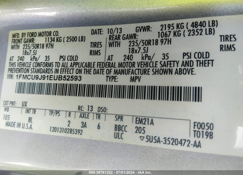 2014 FORD ESCAPE TITANIUM VIN: 1FMCU9J91EUB52593