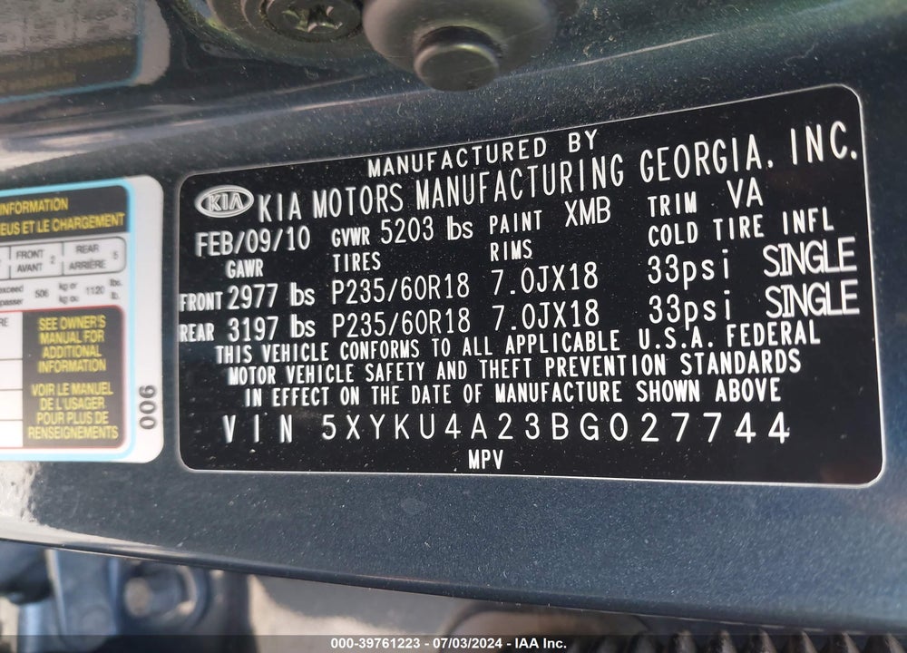 2011 KIA SORENTO EX V6 VIN: 5XYKU4A23BG027744
