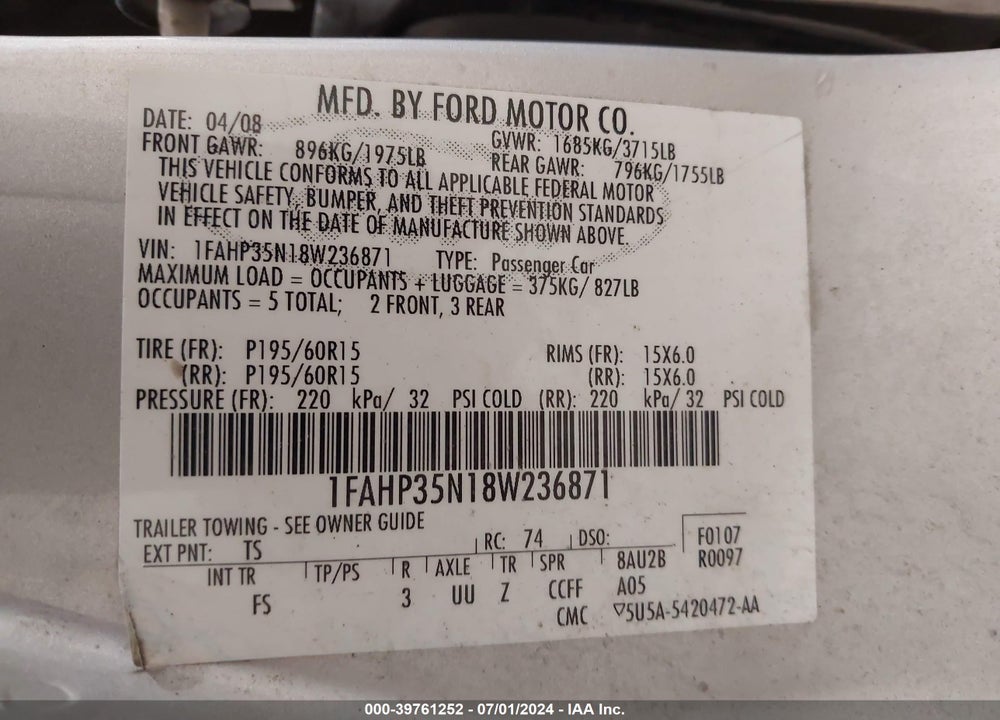 2008 FORD FOCUS SE/SES VIN: 1FAHP35N18W236871