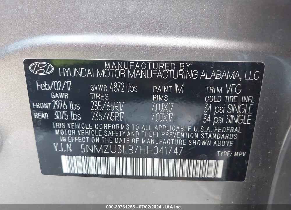 2017 HYUNDAI SANTA FE SPORT 2.4L VIN: 5NMZU3LB7HH041747