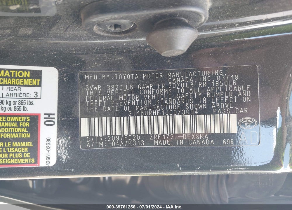 2018 TOYOTA COROLLA L/LE/XLE/SE/XSE VIN: 2T1BURHE1JC073094
