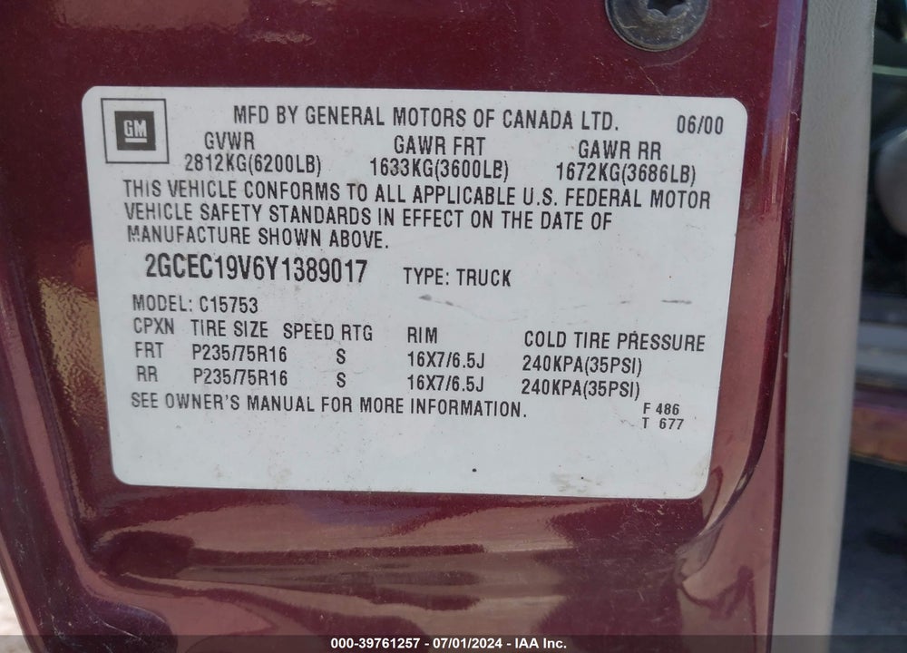 2000 GMC SIERRA 1500 SL/SLE VIN: 2GTEC19V6Y1389017