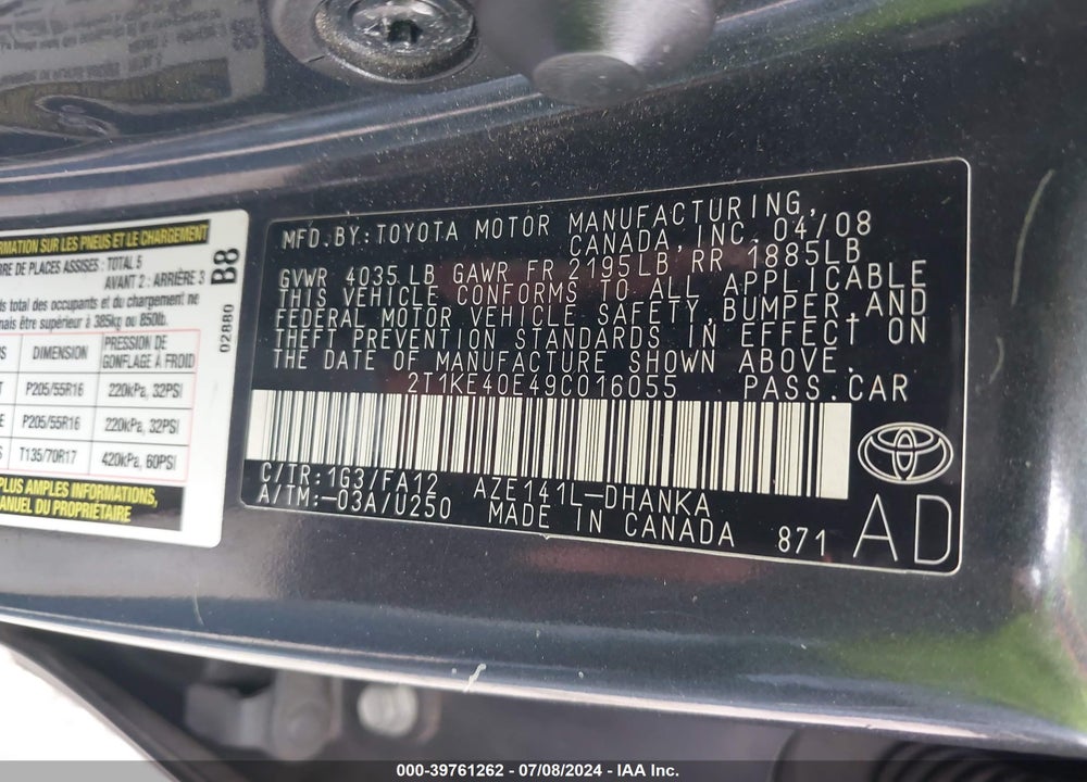 2009 TOYOTA MATRIX S VIN: 2T1KE40E49C016055