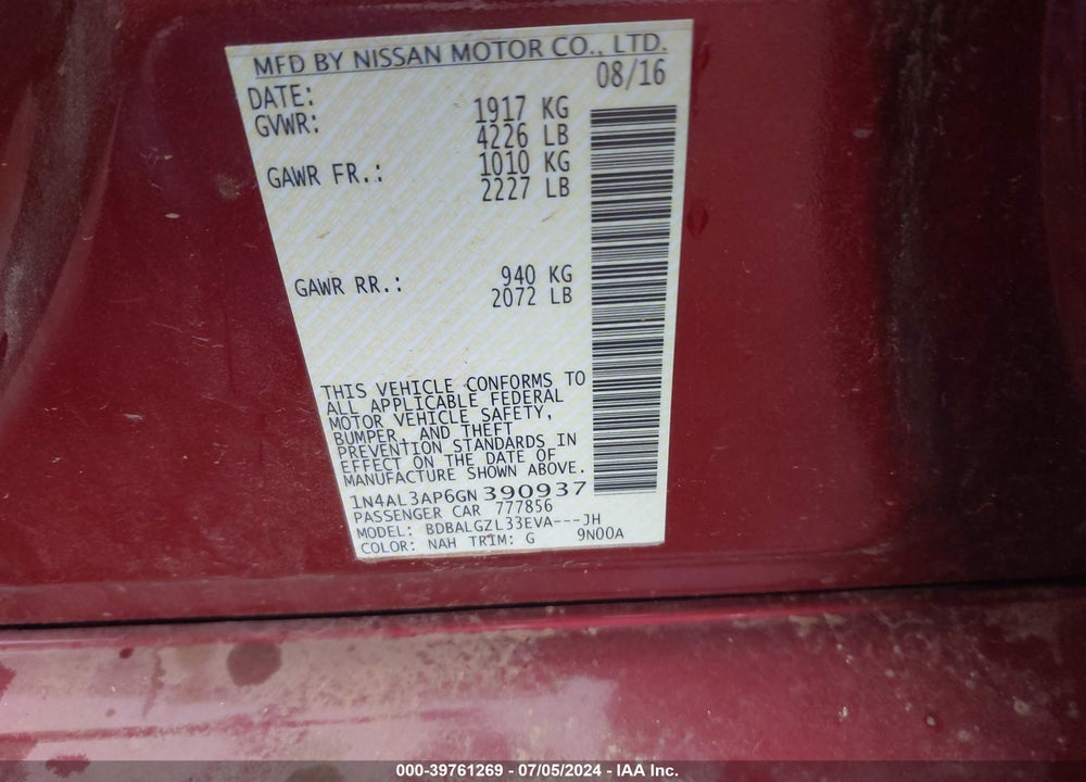 2016 NISSAN ALTIMA 2.5 S VIN: 1N4AL3AP6GN390937