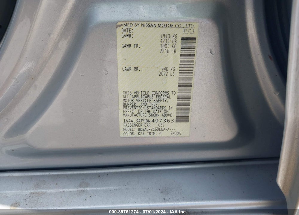 2013 NISSAN ALTIMA 2.5 S VIN: 1N4AL3AP9DN497363