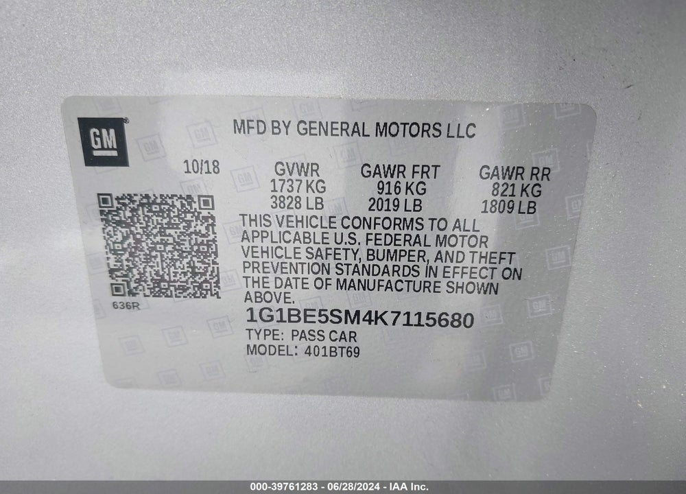 2019 CHEVROLET CRUZE LT VIN: 1G1BE5SM4K7115680