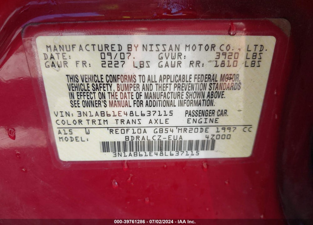 2008 NISSAN SENTRA 2.0 VIN: 3N1AB61E48L637115