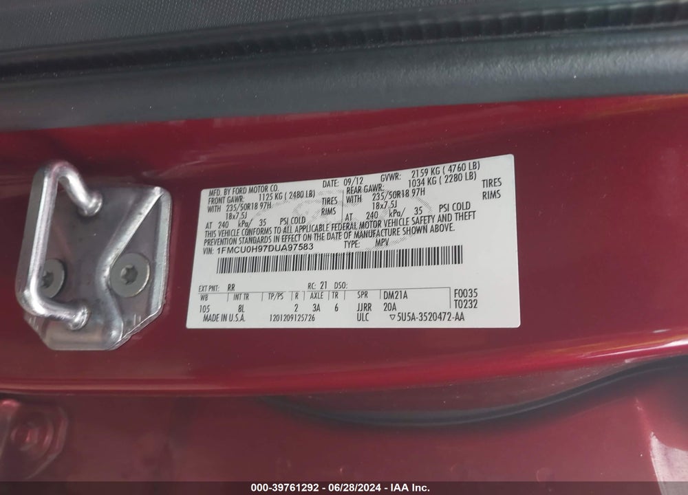 2013 FORD ESCAPE SEL VIN: 1FMCU0H97DUA97583