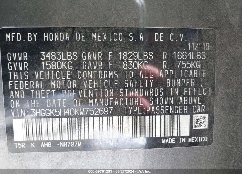 2019 HONDA FIT LX VIN: 3HGGK5H40KM752697