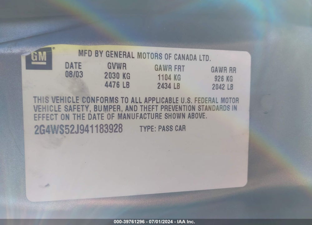 2004 BUICK CENTURY VIN: 2G4WS52J941183928