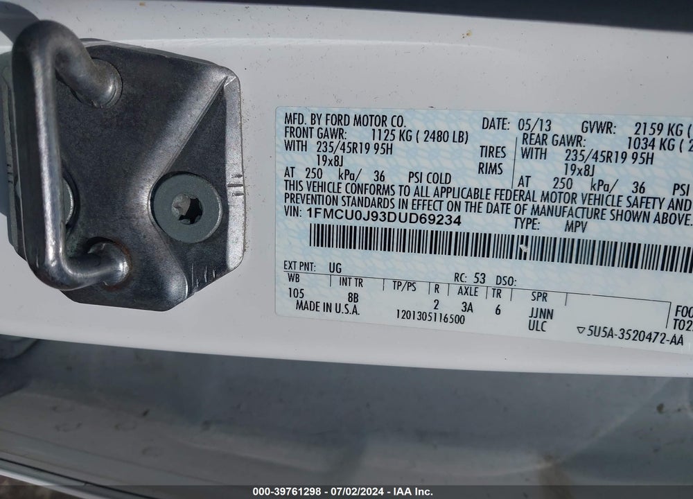 2013 FORD ESCAPE TITANIUM VIN: 1FMCU0J93DUD69234