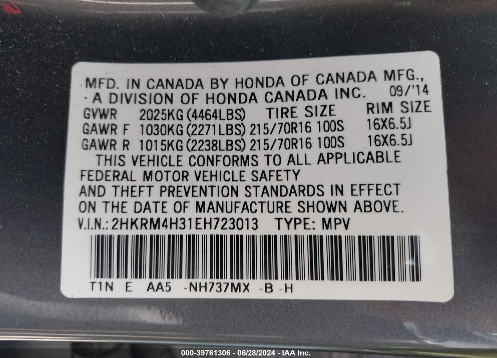 2014 HONDA CR-V LX VIN: 2HKRM4H31EH723013