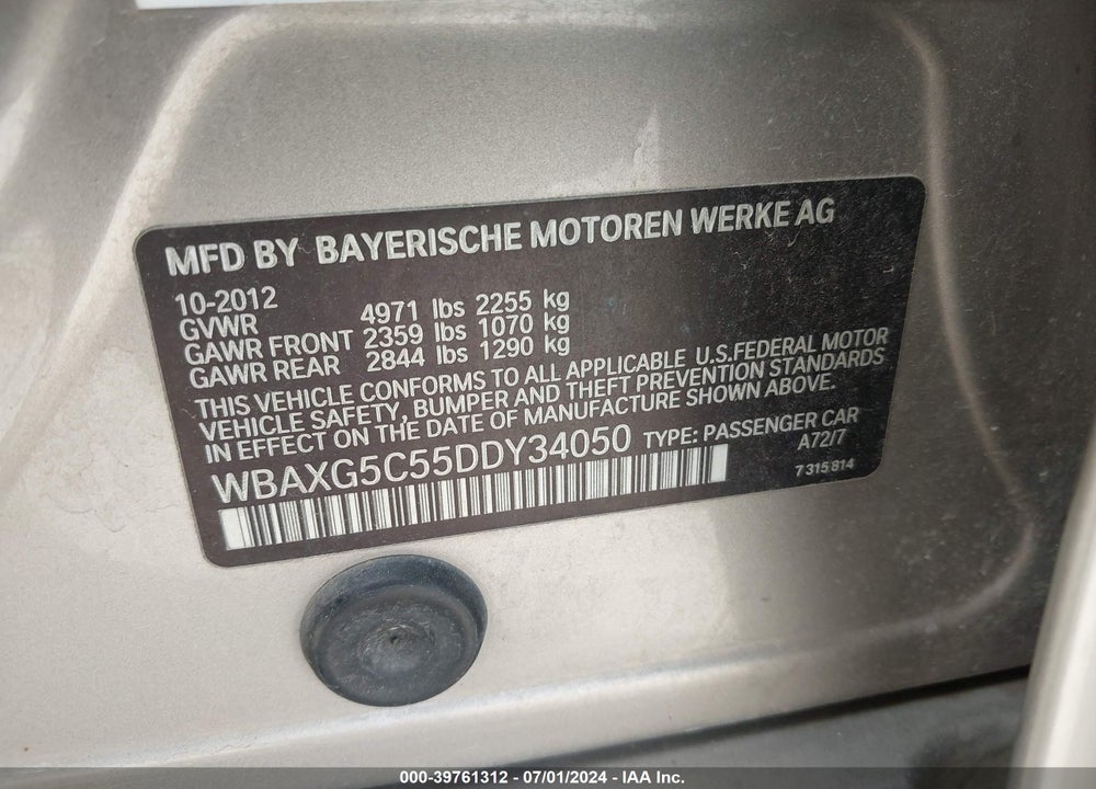 2013 BMW 528I VIN: WBAXG5C55DDY34050