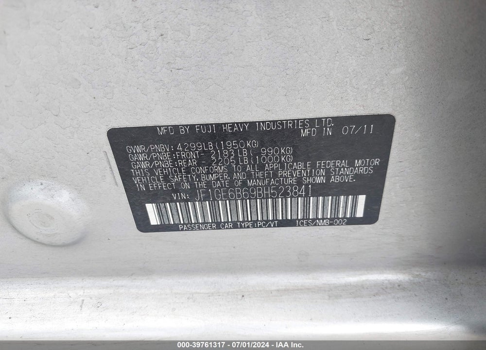 2011 SUBARU IMPREZA 2.5I PREMIUM VIN: JF1GE6B69BH523841