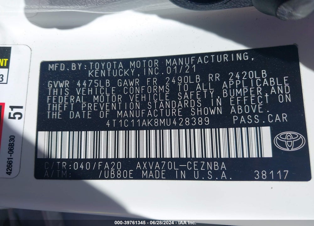 2021 TOYOTA CAMRY LE VIN: 4T1C11AK8MU428389