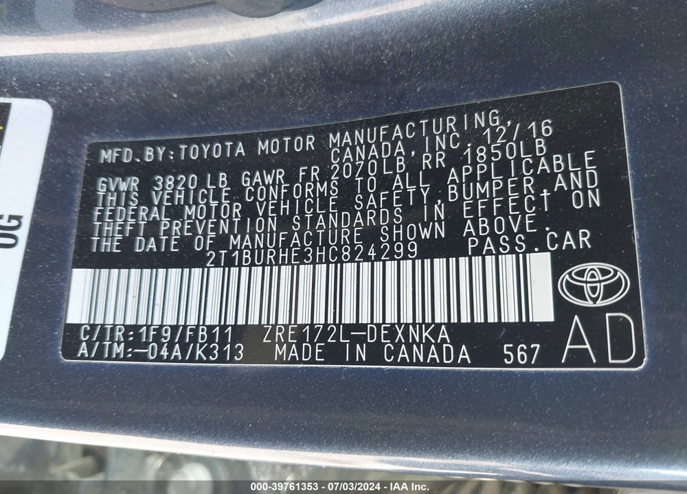 2017 TOYOTA COROLLA LE VIN: 2T1BURHE3HC824299