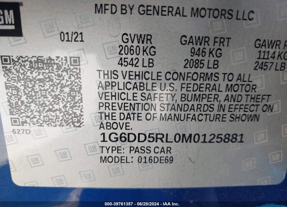 2021 CADILLAC CT4 V-SERIES VIN: 1G6DD5RL0M0125881