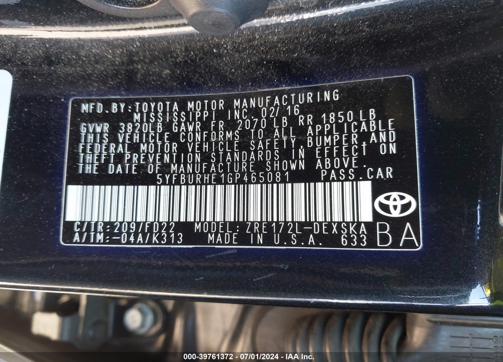 2016 TOYOTA COROLLA S PLUS VIN: 5YFBURHE1GP465081