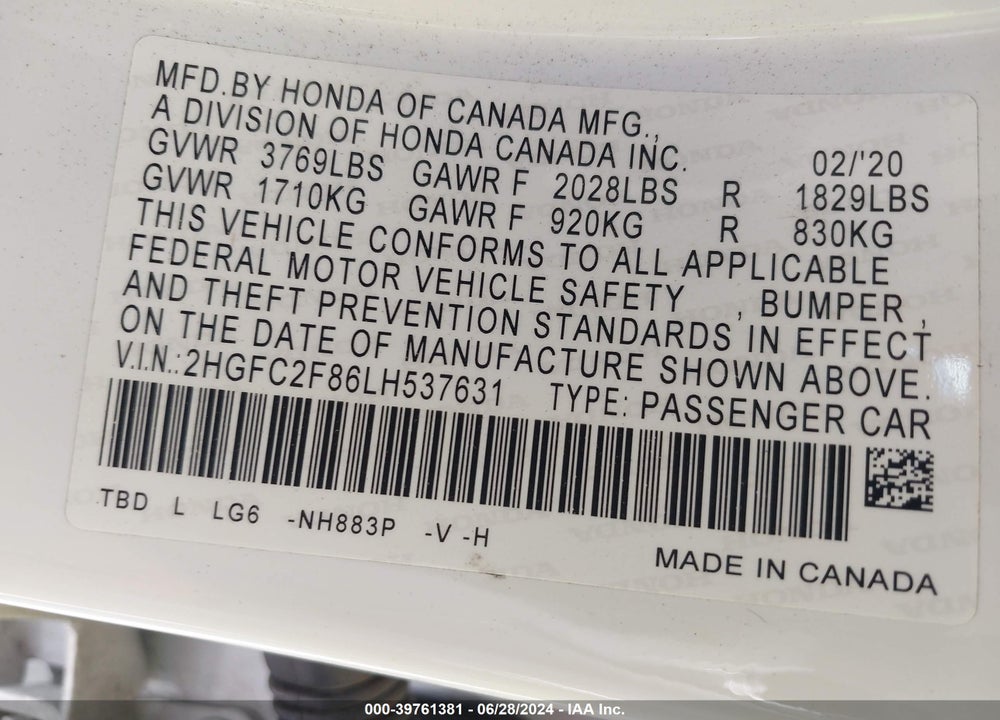 2020 HONDA CIVIC SPORT VIN: 2HGFC2F86LH537631