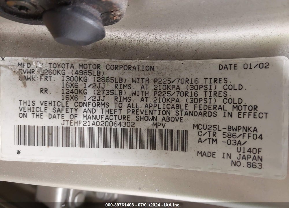 2002 TOYOTA HIGHLANDER LIMITED V6 VIN: JTEHF21A020064302